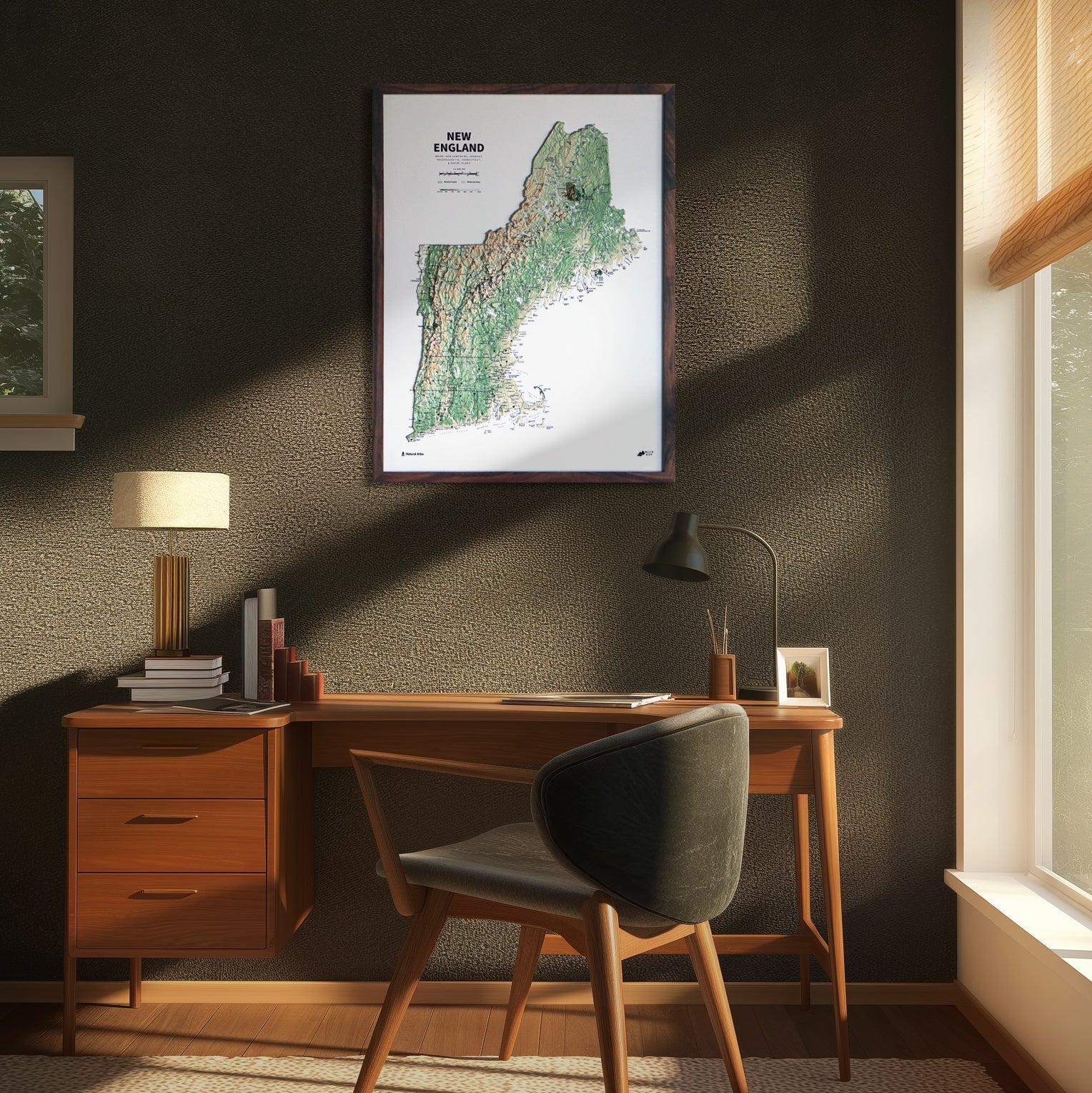 New England 3D Raised Relief Map - No Frame
