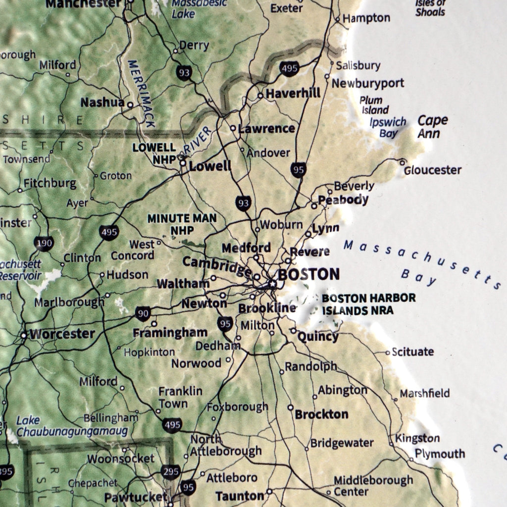New England 3D Raised Relief Map - No Frame