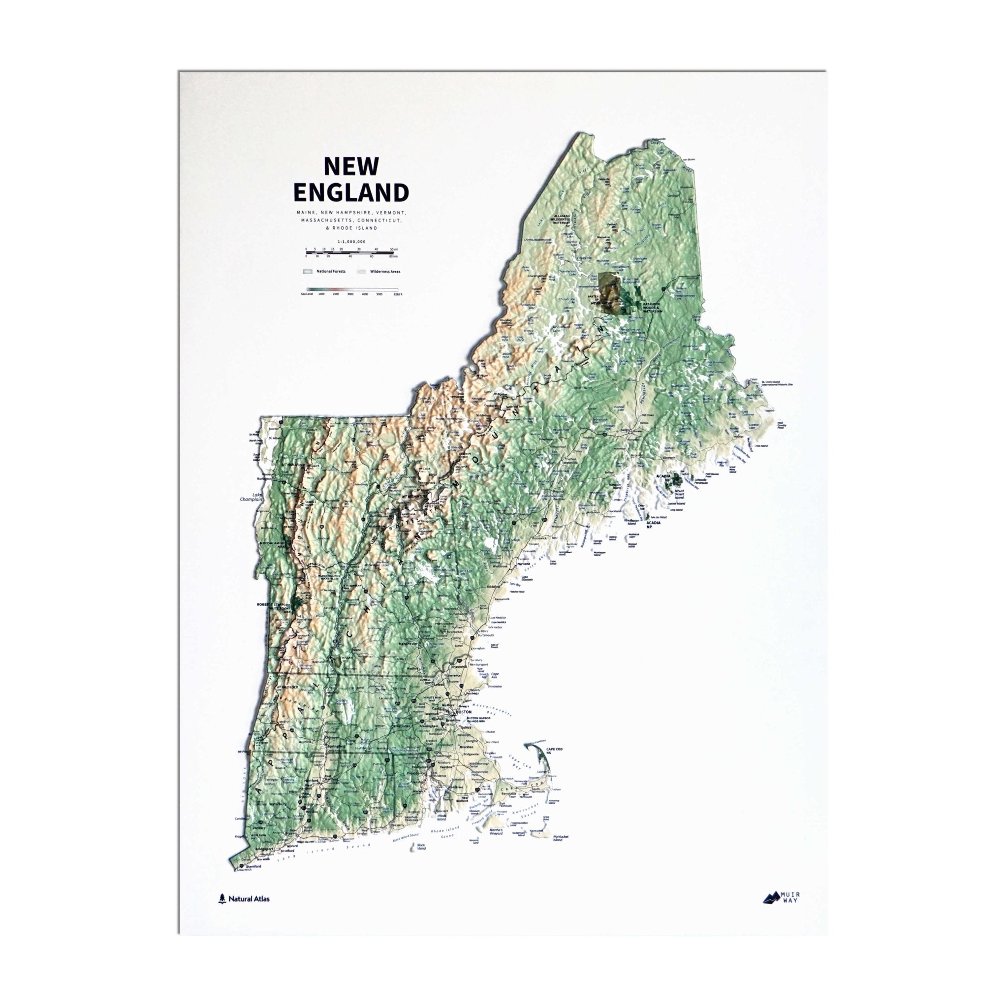 New England 3D Raised Relief Map - No Frame