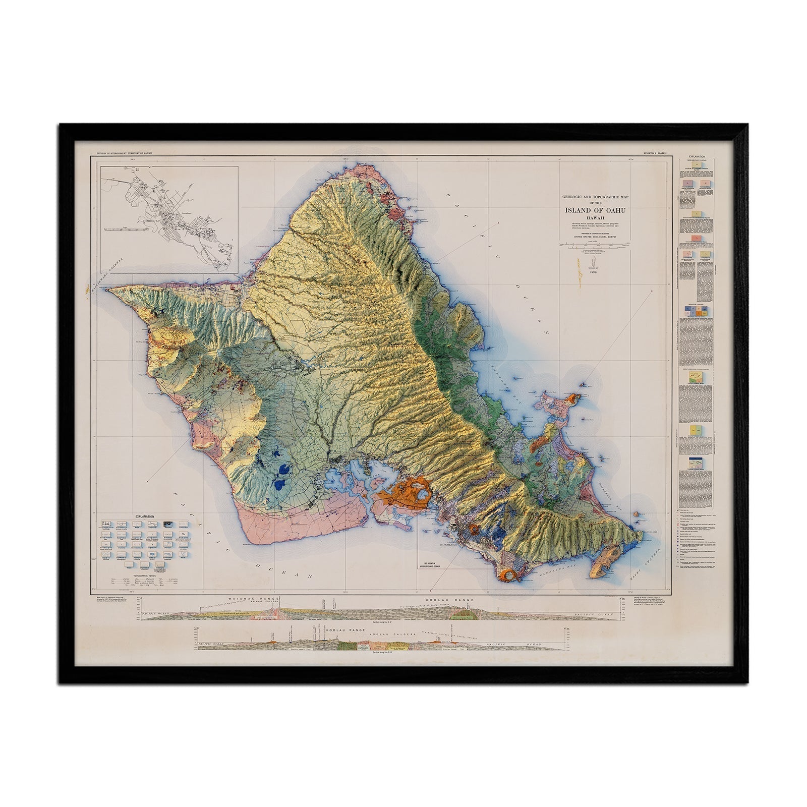 Oahu 1938 Shaded Relief Map - No Frame