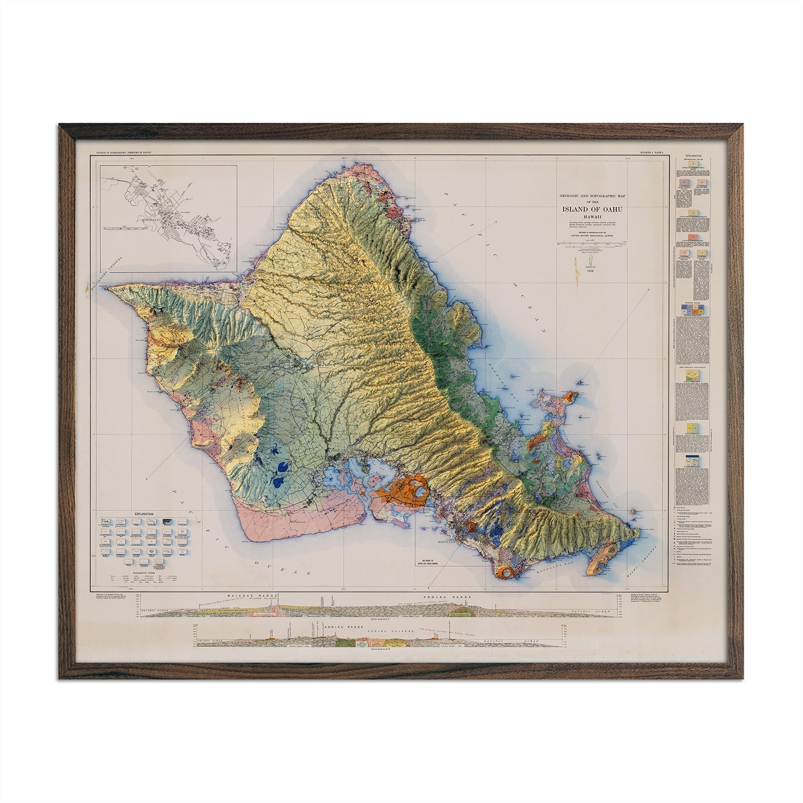 Oahu 1938 Shaded Relief Map - No Frame