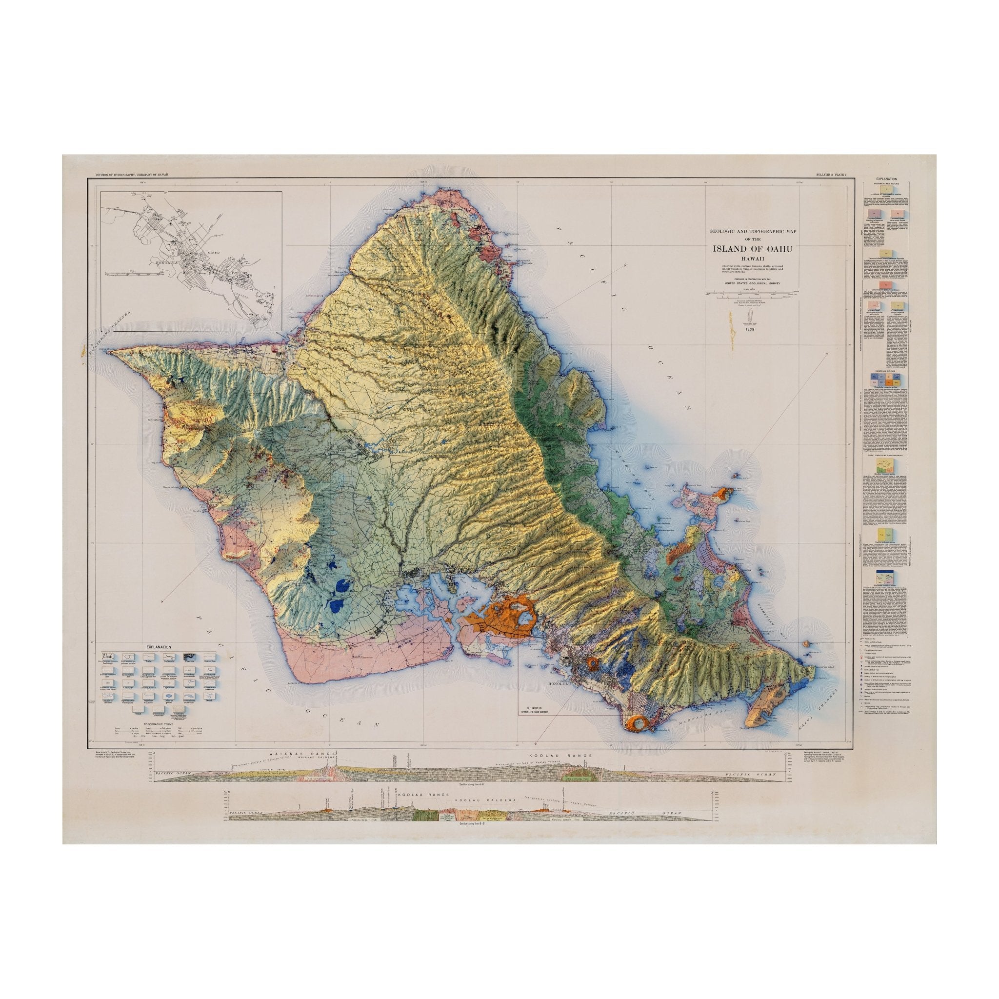 Oahu 1938 Shaded Relief Map - No Frame