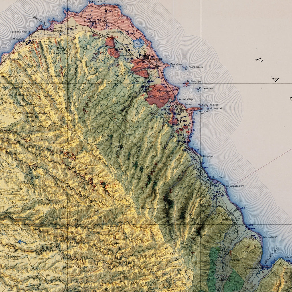 Oahu 1938 Shaded Relief Map - No Frame
