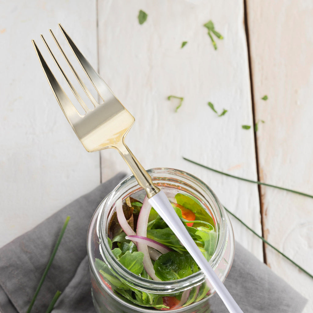 Gold with White Handle Moderno Disposable Plastic Dinner Forks