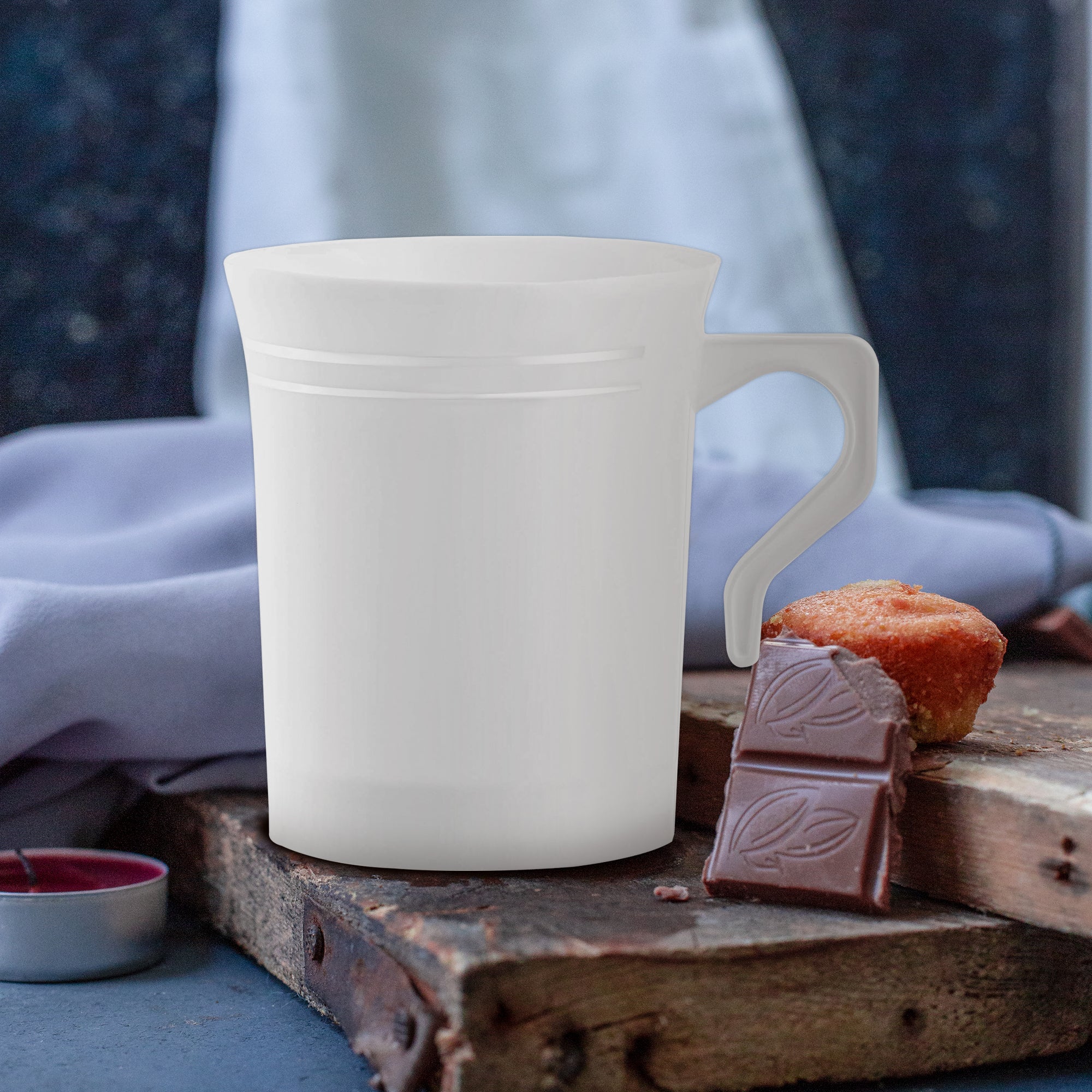 White with Silver Edge Rim Round Plastic Coffee Mugs (8 oz. )