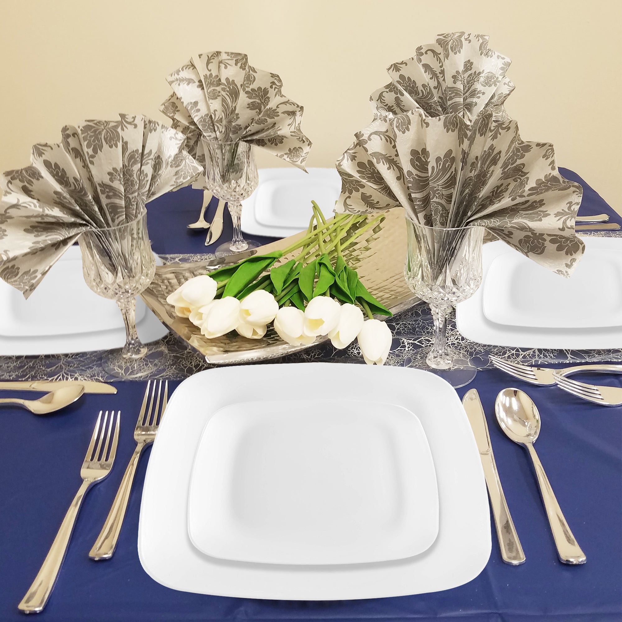 Solid White Flat Rounded Square Disposable Plastic Dinner Plates (10")