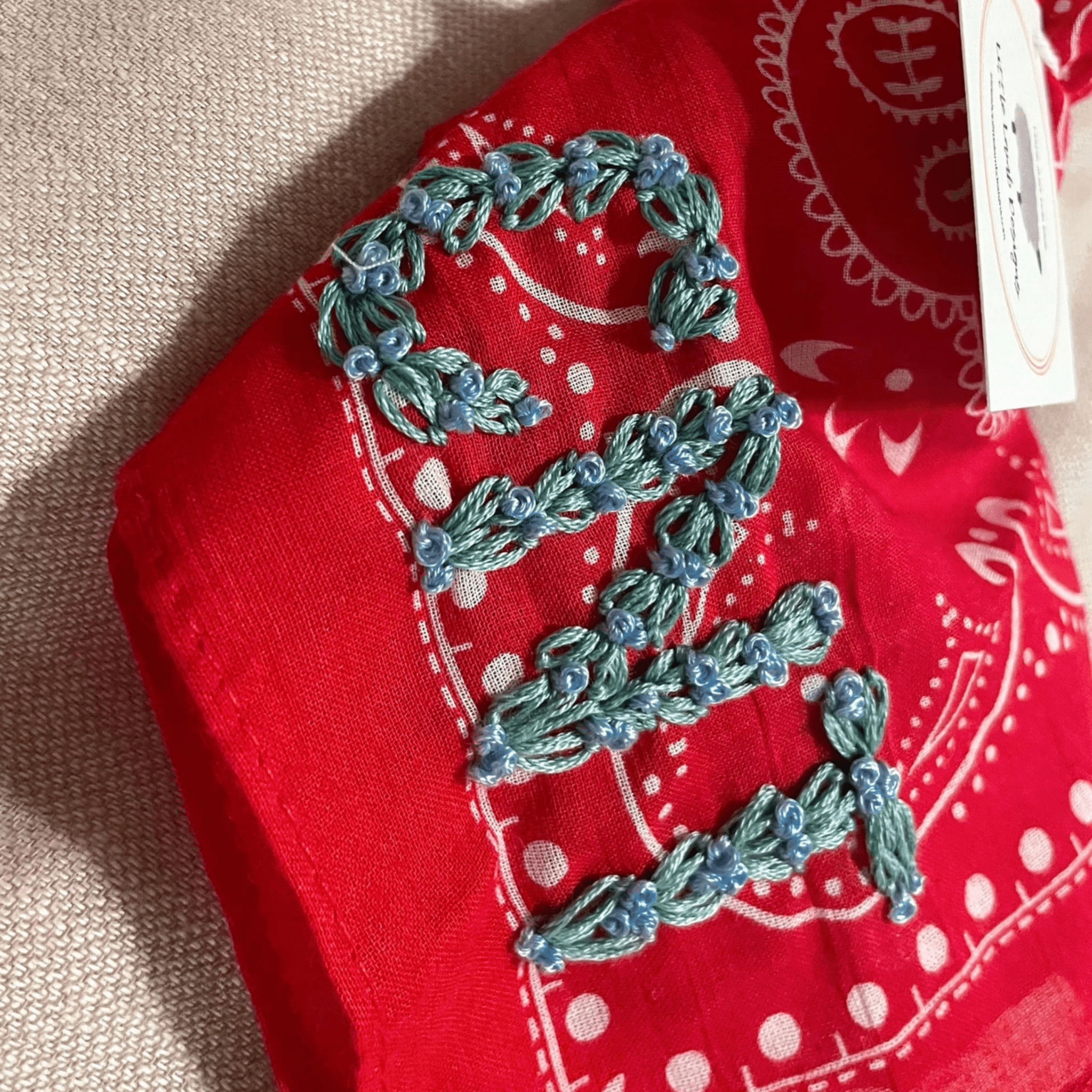 Hand Embroidered Floral Initial Bandana