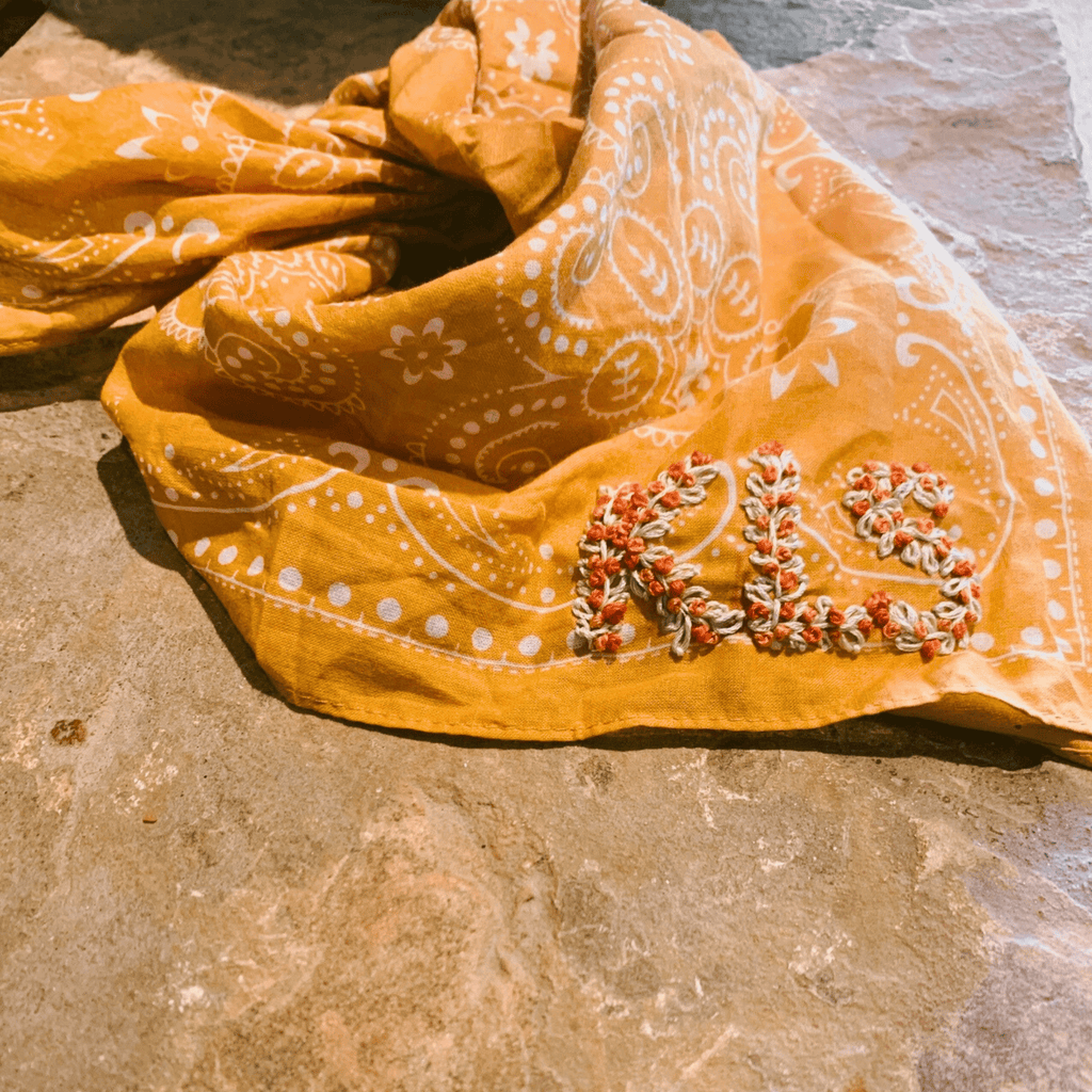Hand Embroidered Floral Initial Bandana