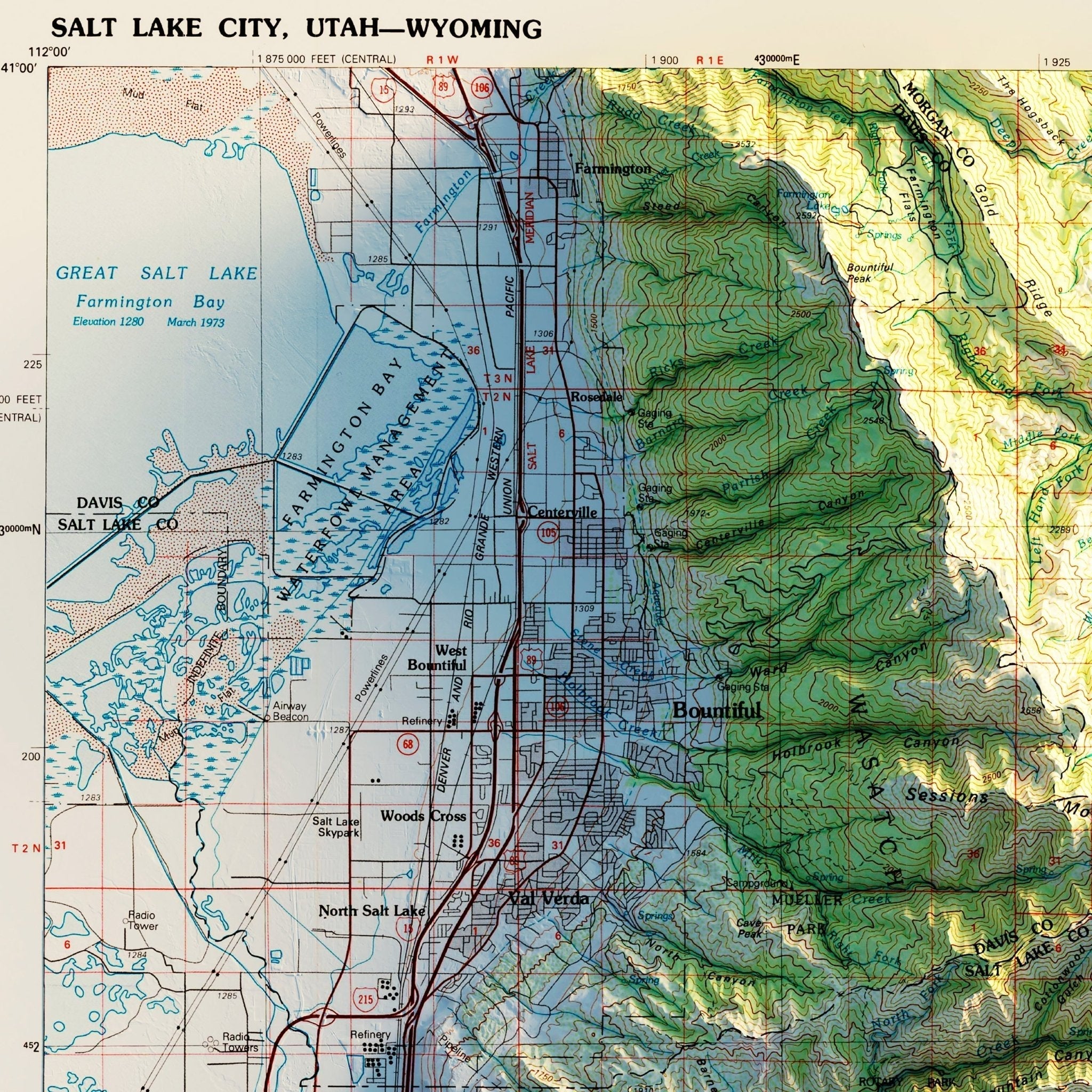 Salt Lake City, Utah 1980 Shaded Relief Map - No Frame