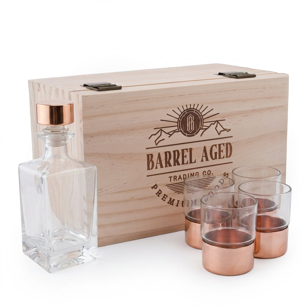 Set of Four Copper Base Whiskey Glasses with Decanter in Collector's box