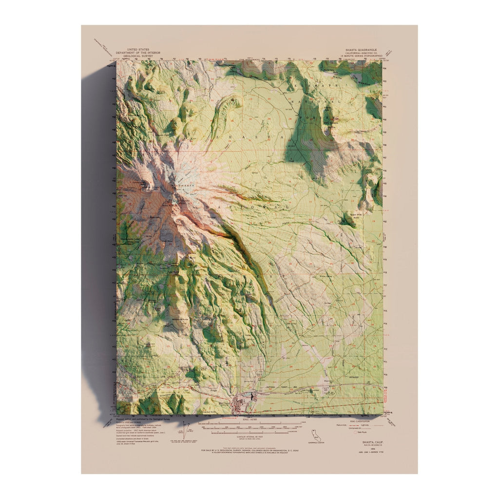 Shasta, California 1954 Shaded Relief Map - No Frame
