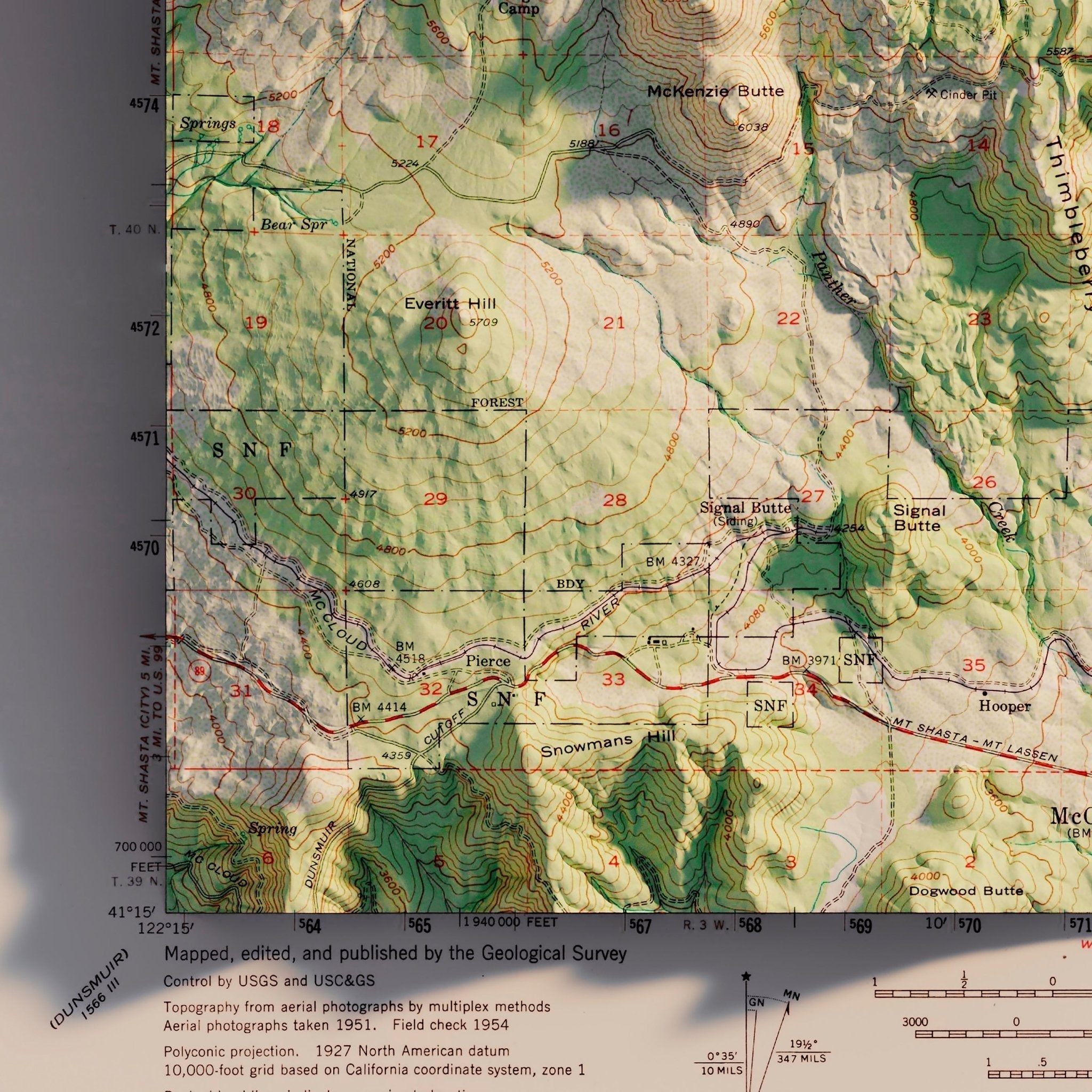 Shasta, California 1954 Shaded Relief Map - No Frame