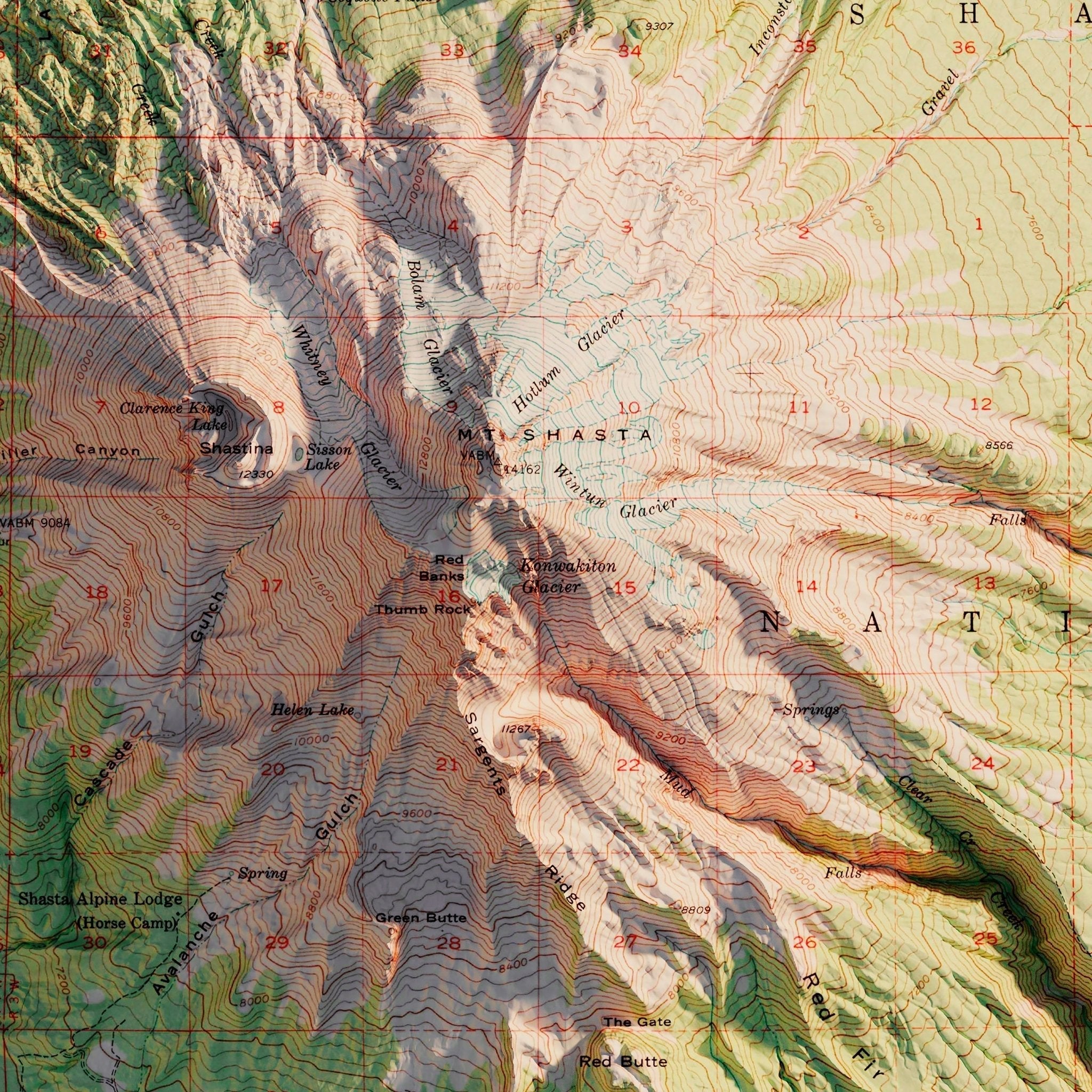 Shasta, California 1954 Shaded Relief Map - No Frame