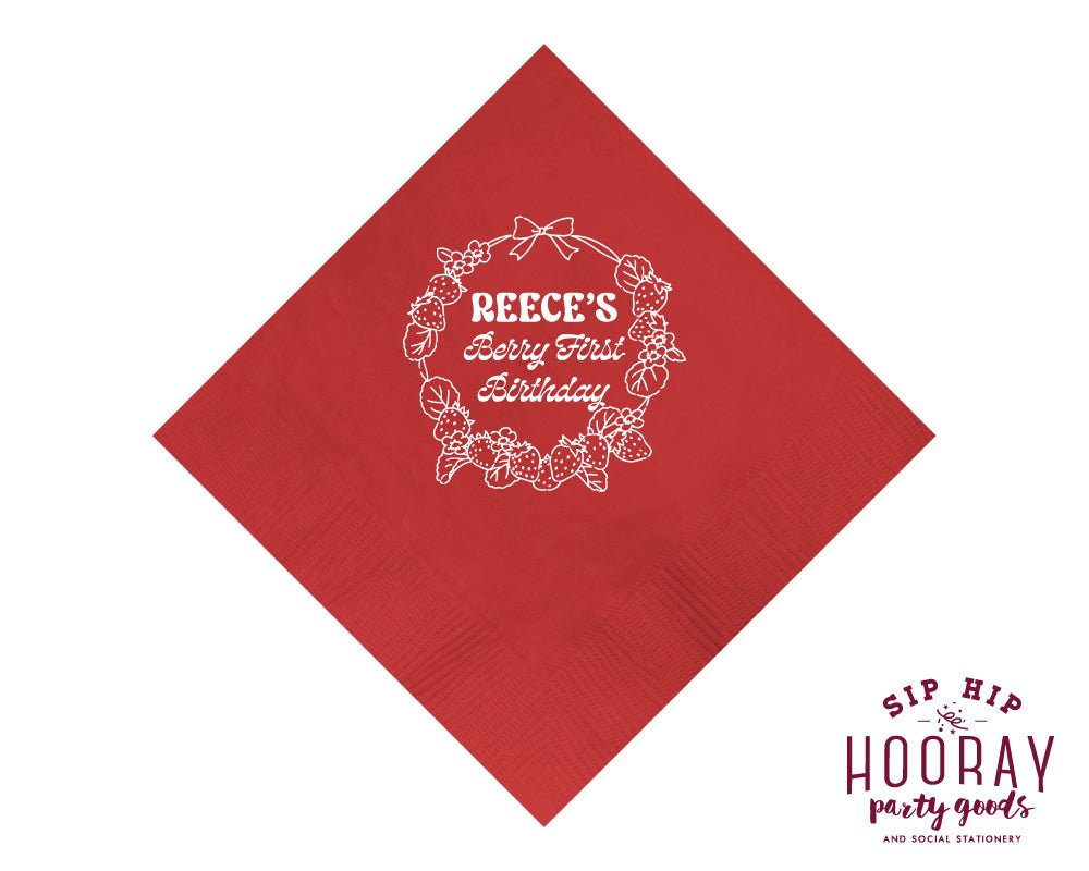Strawberry Wreath Berry First Birthday Beverage Napkins