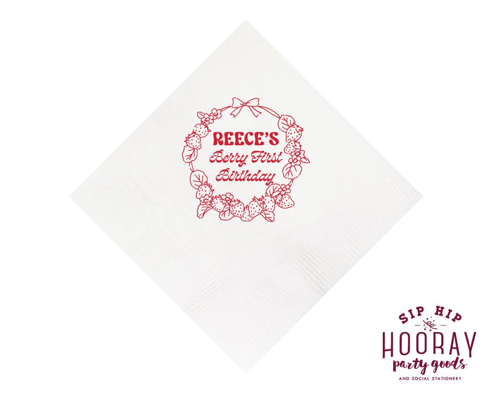 Strawberry Wreath Berry First Birthday Beverage Napkins