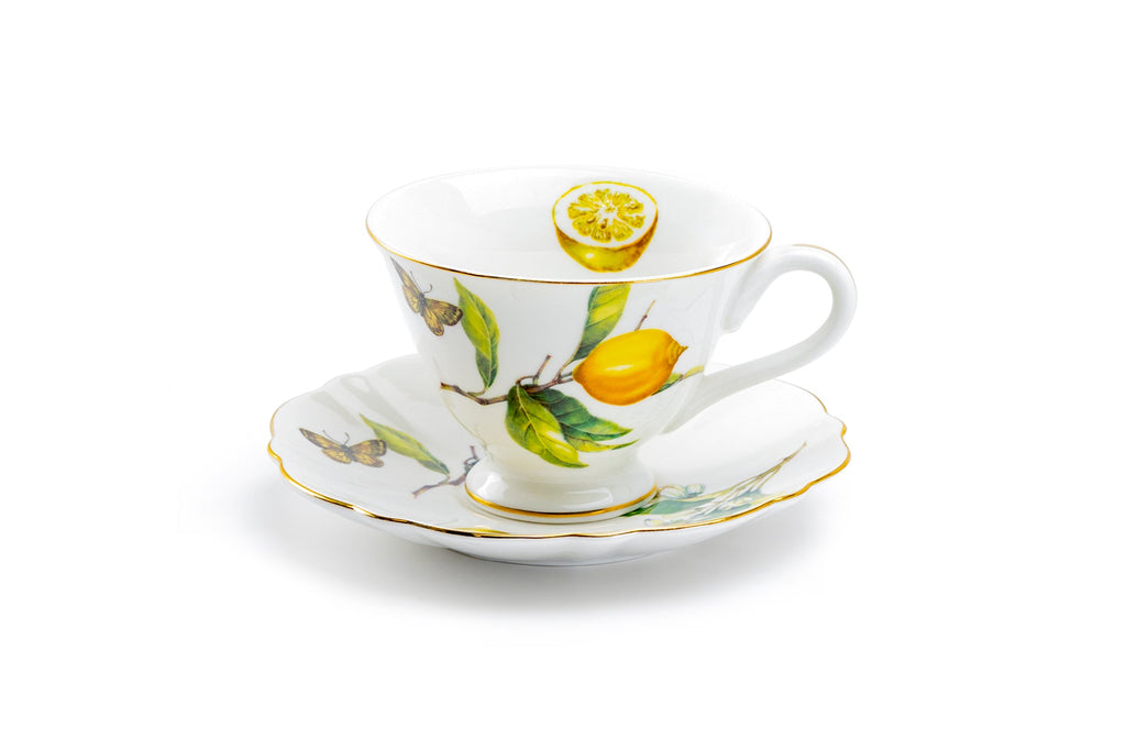 Lemon Butterfly Fine Porcelain Tea Cup and Saucer