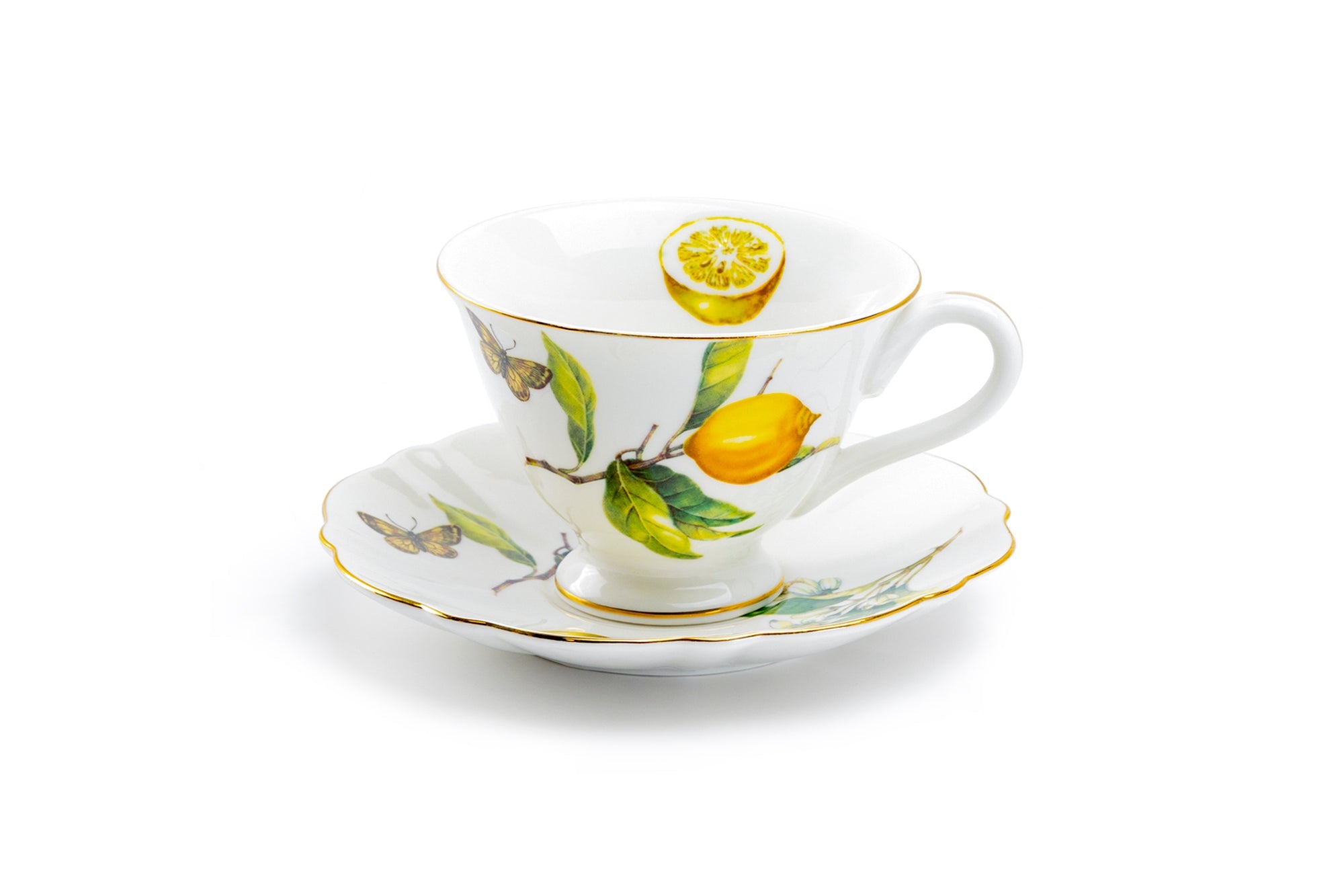 Lemon Butterfly Fine Porcelain Tea Cup and Saucer
