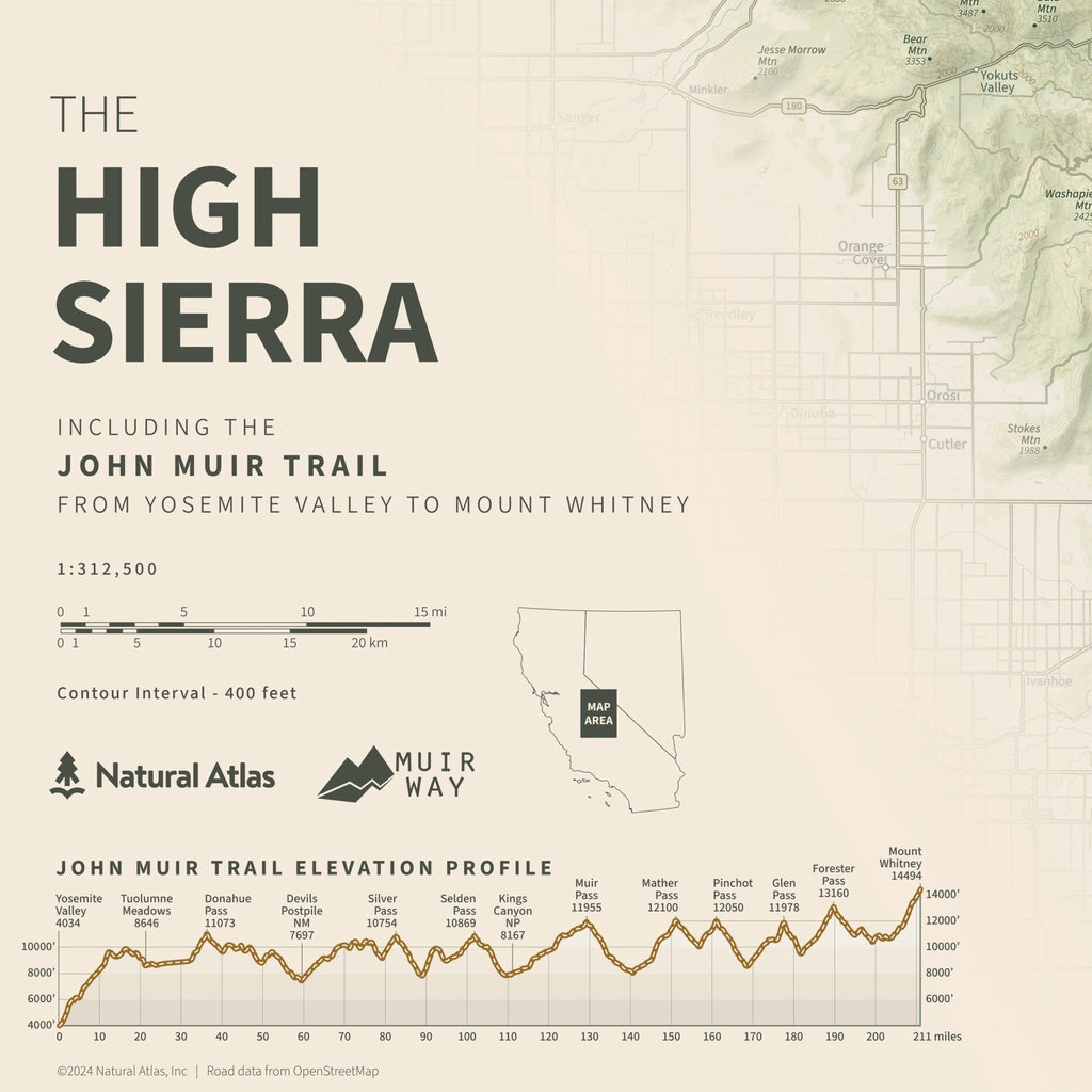 The John Muir Trail Shaded Relief Map - No Frame