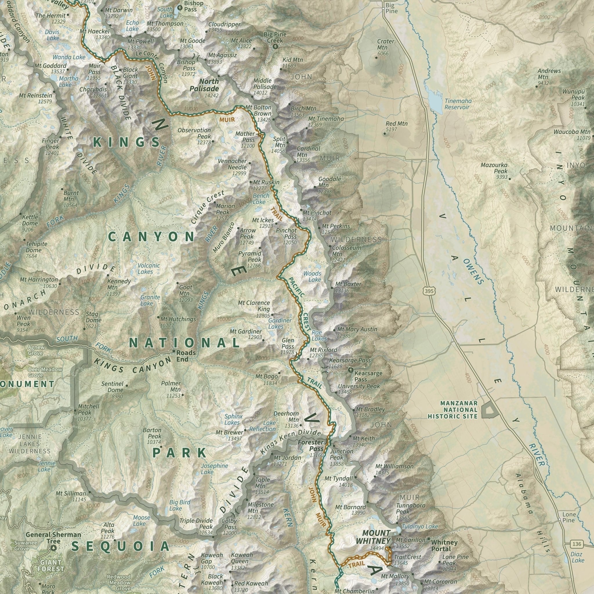 The John Muir Trail Shaded Relief Map - No Frame