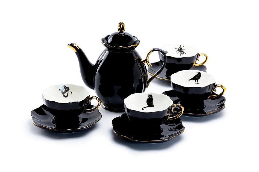 Black Gold Scallop Teapot + 4 Assorted Halloween Tea Cup and Saucer Sets - Ver. B