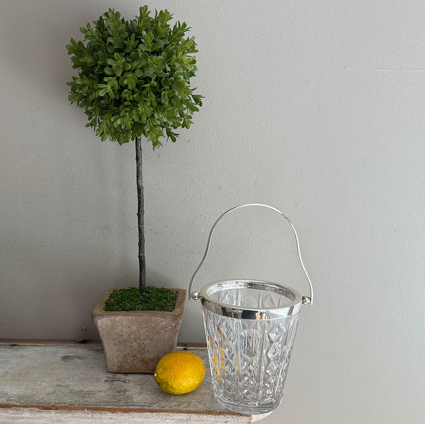 Hotel Silver Vintage Cut Glass Ice Pail with Curvy Hinge Handle