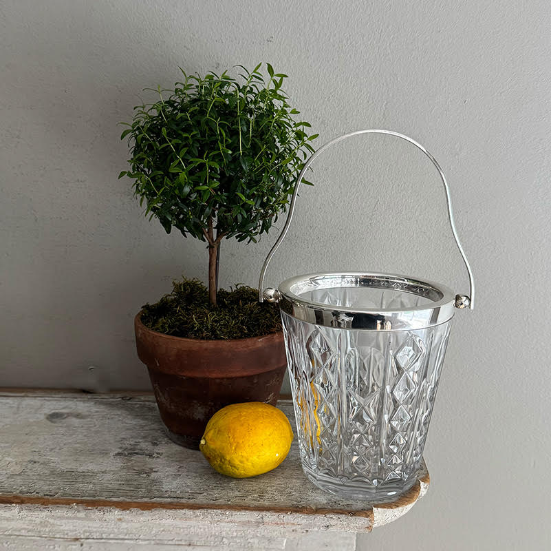 Hotel Silver Vintage Cut Glass Ice Pail with Curvy Hinge Handle