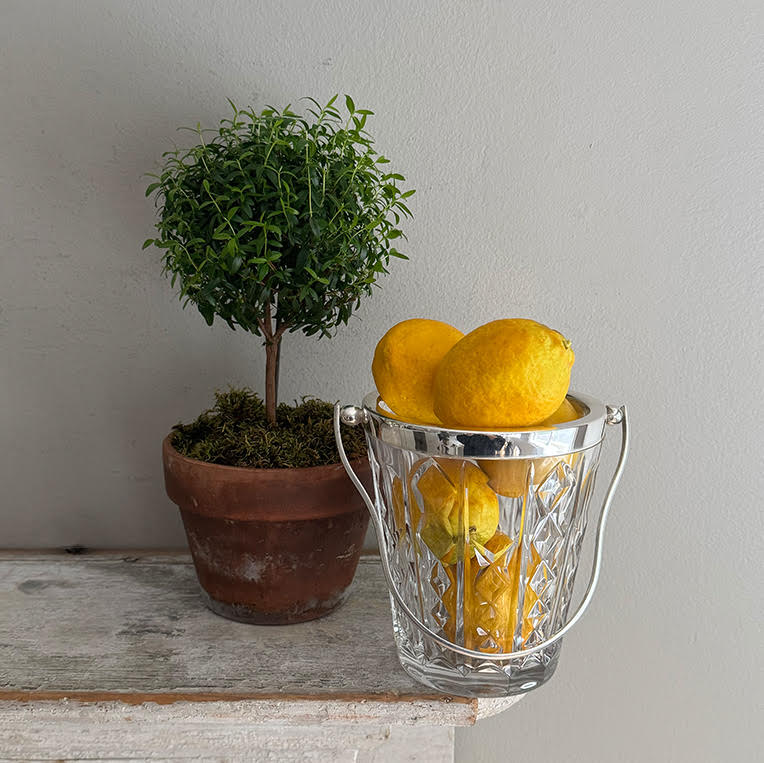 Hotel Silver Vintage Cut Glass Ice Pail with Curvy Hinge Handle
