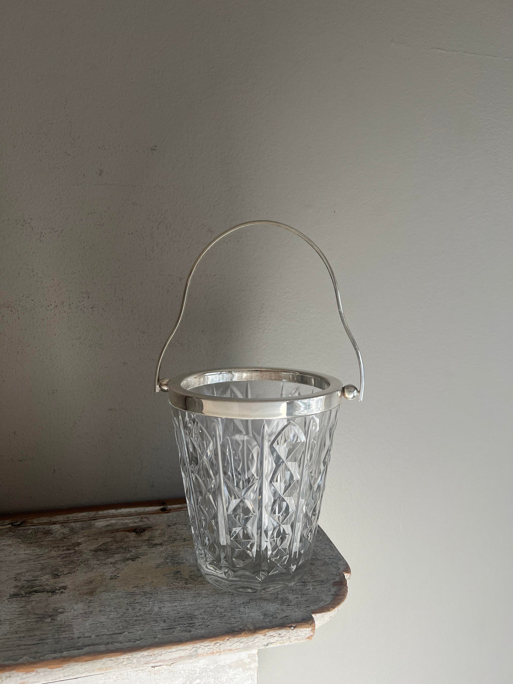 Hotel Silver Vintage Cut Glass Ice Pail with Curvy Hinge Handle
