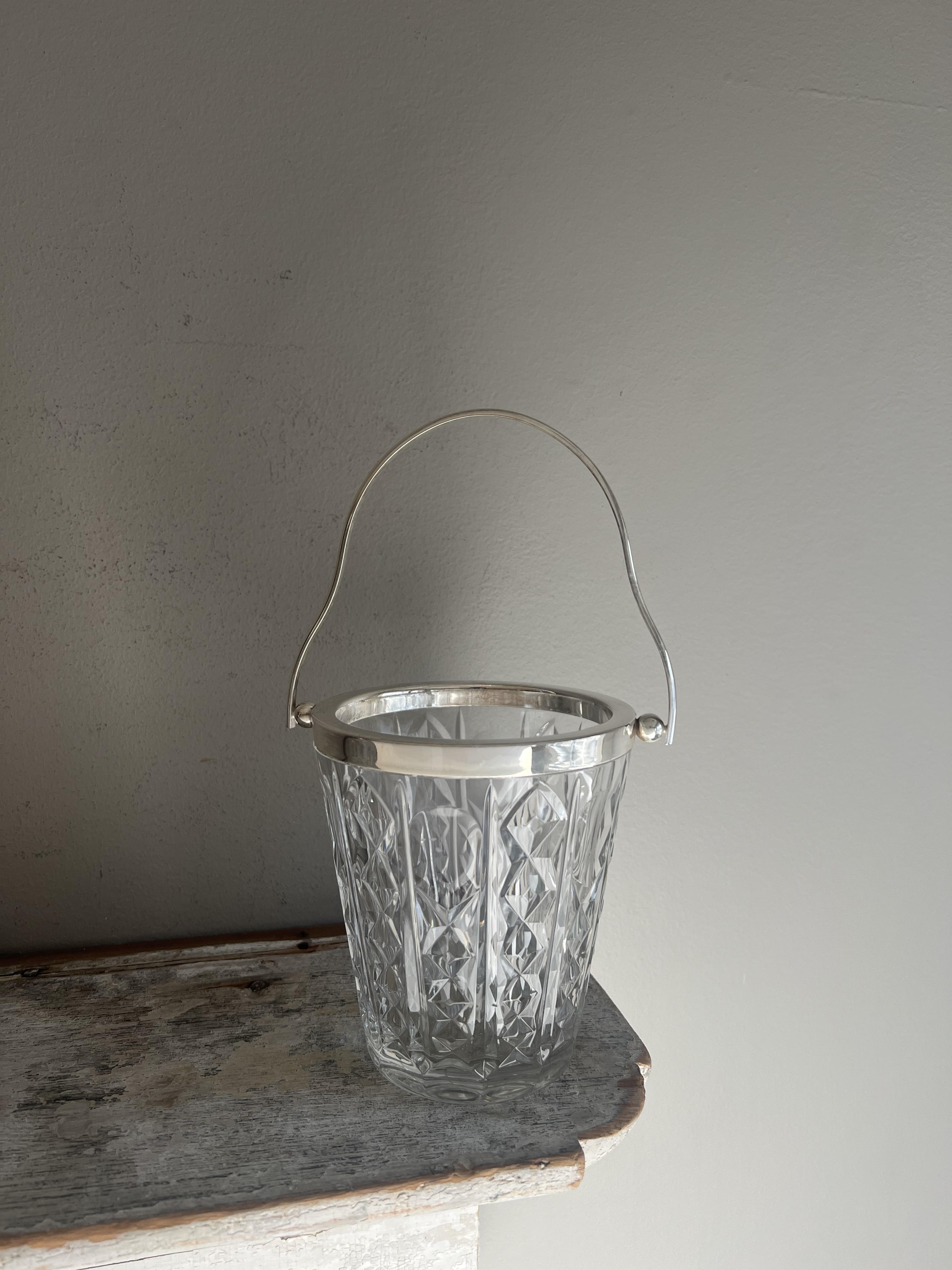 Hotel Silver Vintage Cut Glass Ice Pail with Curvy Hinge Handle
