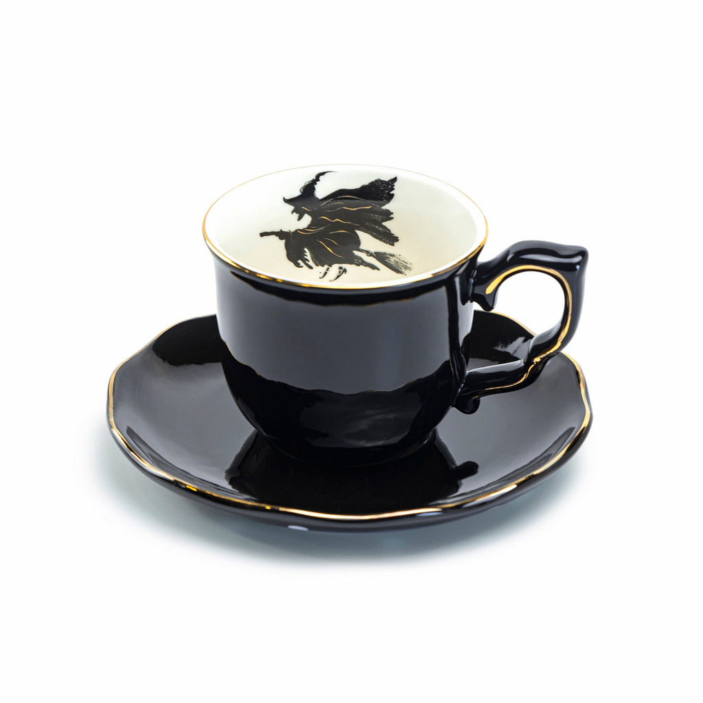 Flying Witch Black Gold Tea Cup and Saucer - CLEARANCE