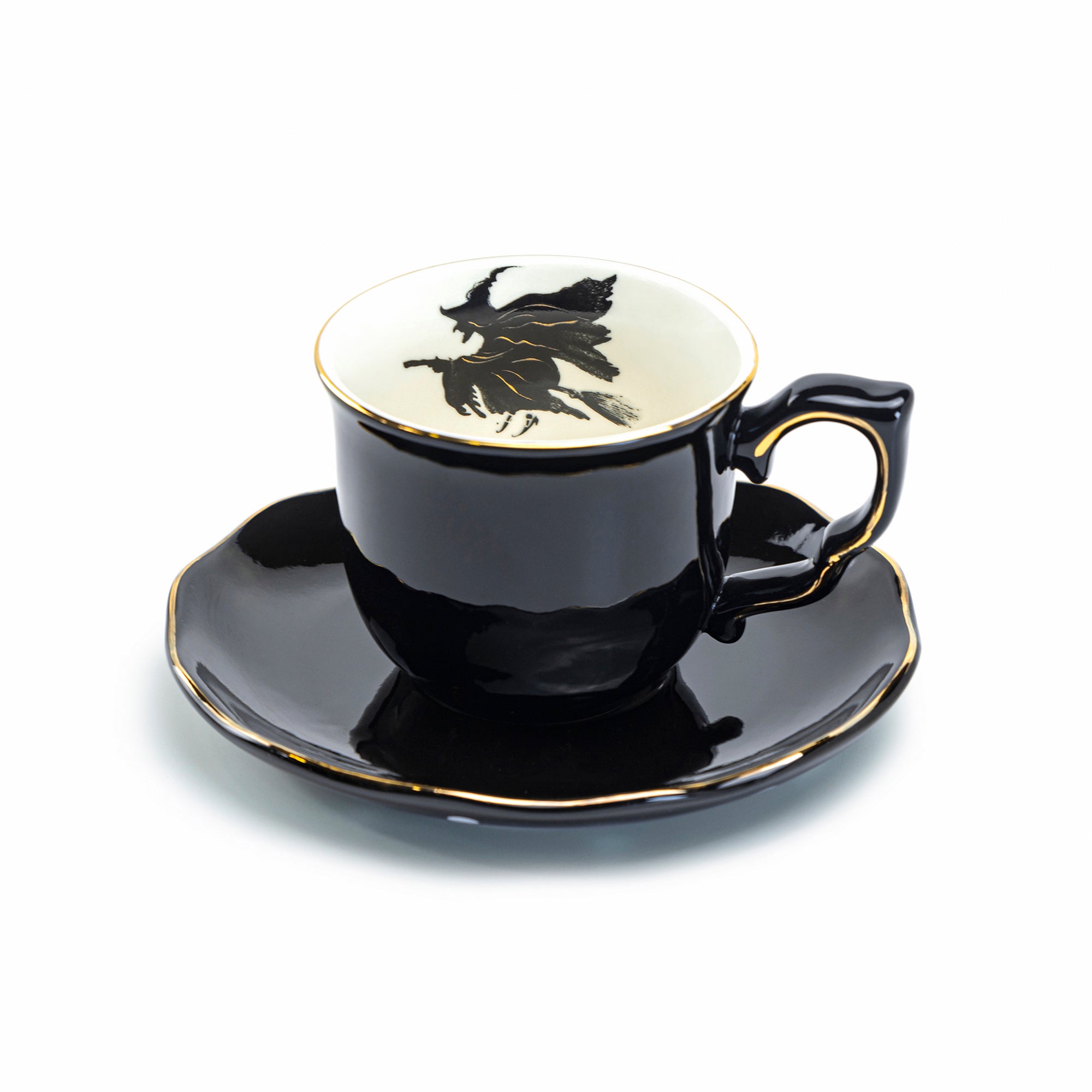 Flying Witch Black Gold Tea Cup and Saucer - CLEARANCE