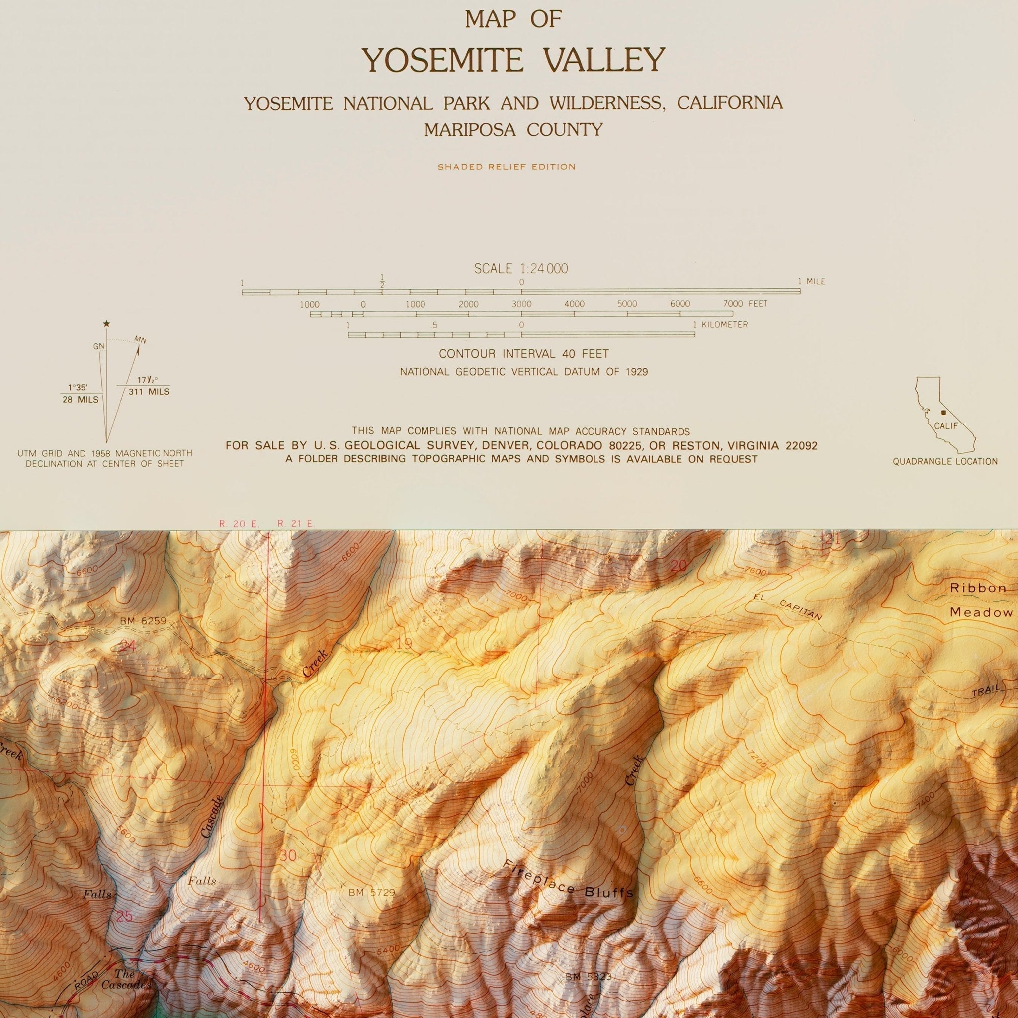 Yosemite Valley 1970 Shaded Relief Map - No Frame