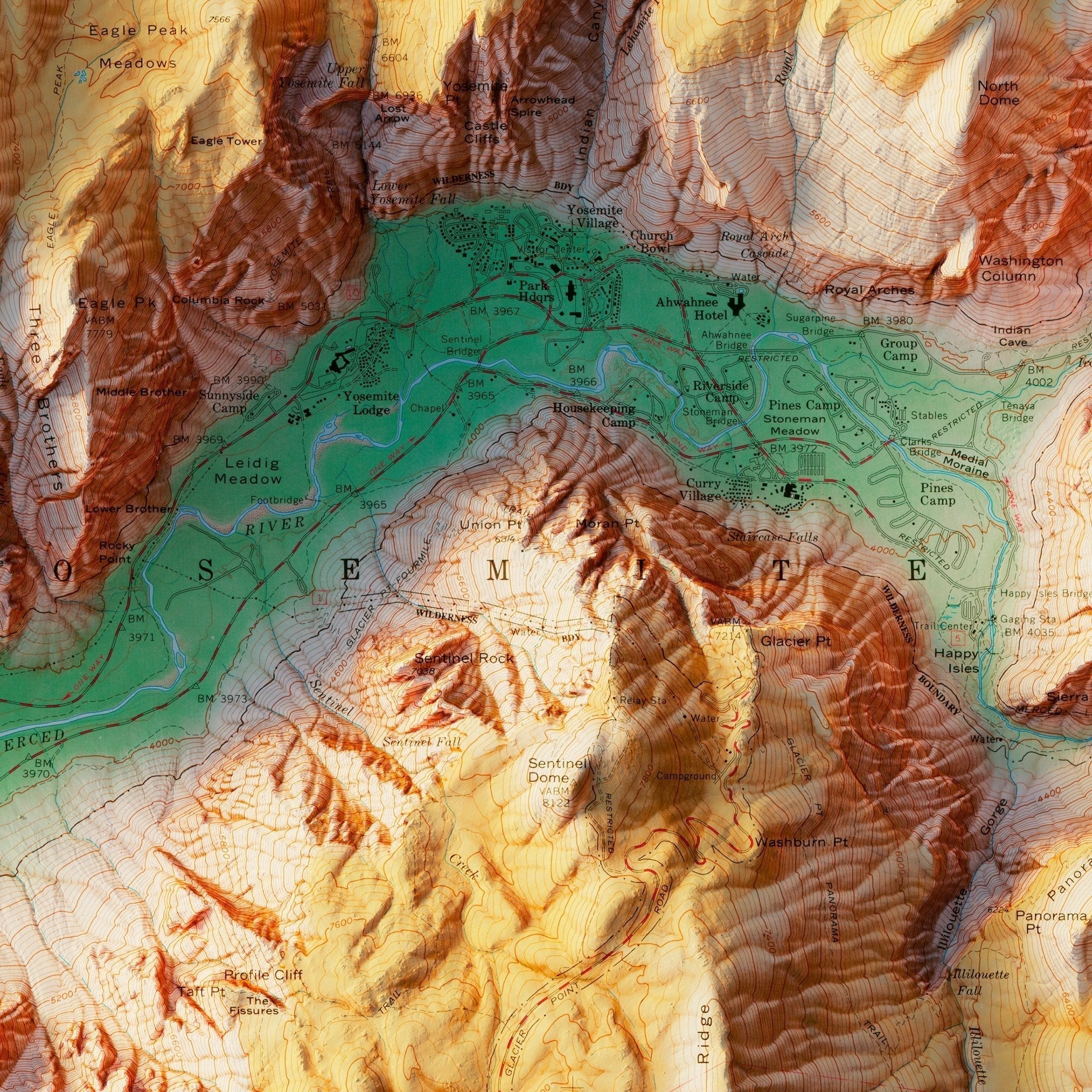 Yosemite Valley 1970 Shaded Relief Map - No Frame